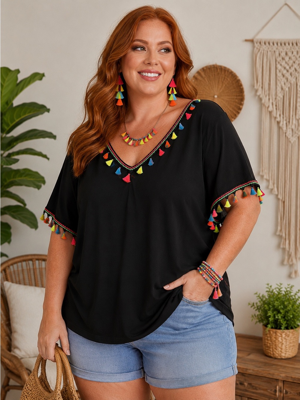 Shein Black Multicolor Tassel-Trim V-Neck Top Size 3XL